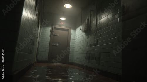 Dimly lit, narrow institutional corridor features a sealed door and wet floor reflections