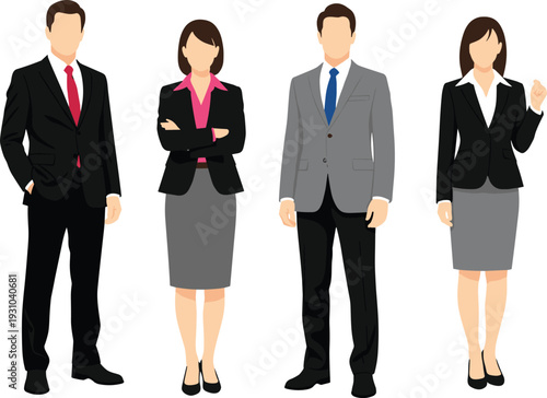 Business professionals illustration, corporate attire diversity, men and women in suits, workplace team concept, office identity, professional group, flavector