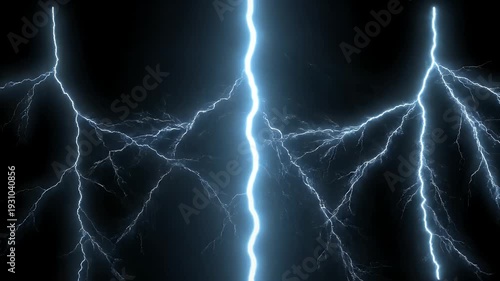 Lightning bolt strike with electric spark flash over black background sky