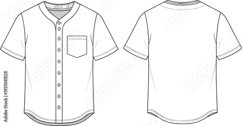 baseball jersey template, short sleeve button shirt mockup, front and back view apparel design, sports uniform outline vector illustration