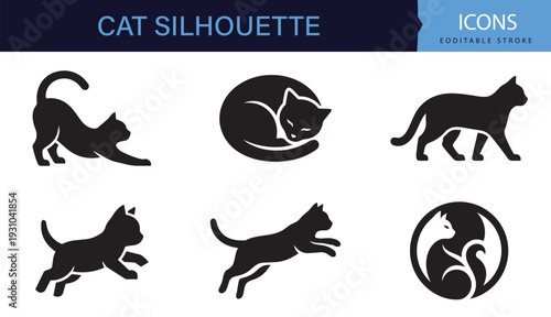 Cat Silhouette Icon Set Black and White Editable Stroke Pet Vector Collection