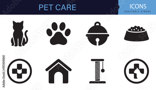 Pet Care Icon Set Black and White Cat Paw Food Veterinary Clinic Vector Collection