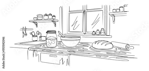 Homemade sourdough bread baking kitchen vector illustration drawing, hand drawn sketch style bread making tools, rustic line art of starter jar, dough bowl and loaf on counter
