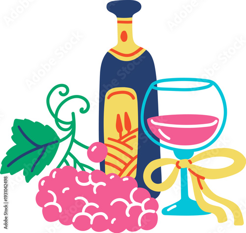 Wine Bottle With Glass Line Art