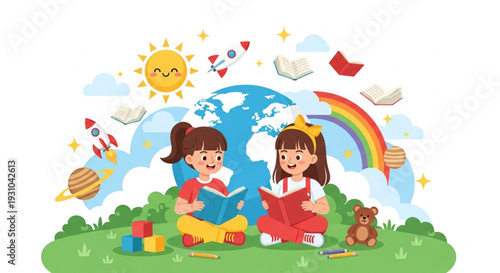 International Children's Book Day Two young girls reading books together under a rainbow and sun, surrounded by planets, stars, and rockets