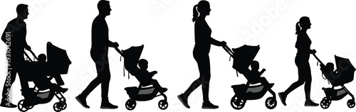 Parents pushing baby stroller silhouettes set, mother and father walking with infant carriage, family parenting lifestyle vector illustration isolated
