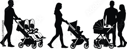 Parents pushing baby stroller silhouettes set, mother and father walking with pram and children buggy, family parenting lifestyle vector illustration