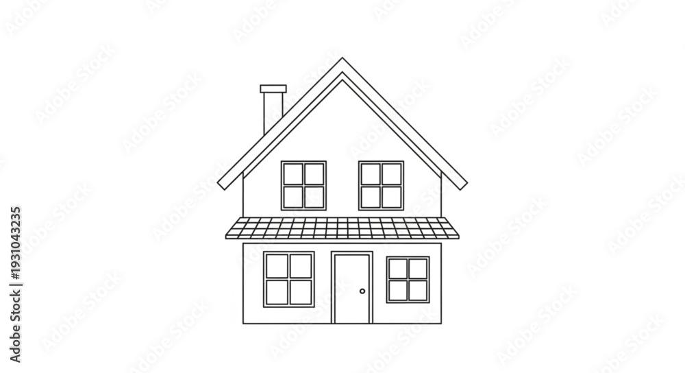 Fototapeta premium Simple Line Drawing of a Two Story House with Chimney.
