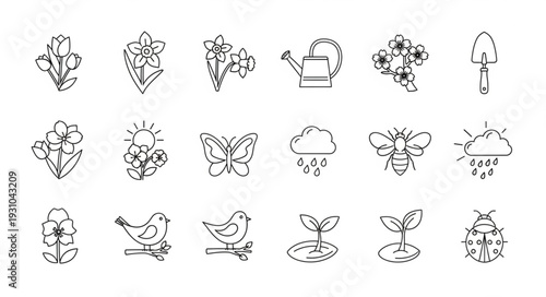 Spring season icons and symbols collection hand drawn sketch style.