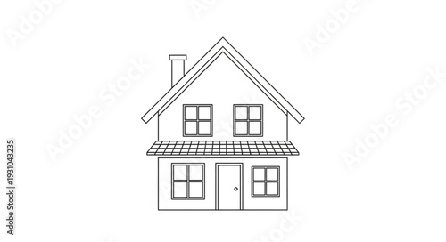 Simple Line Drawing of a Two Story House with Chimney.