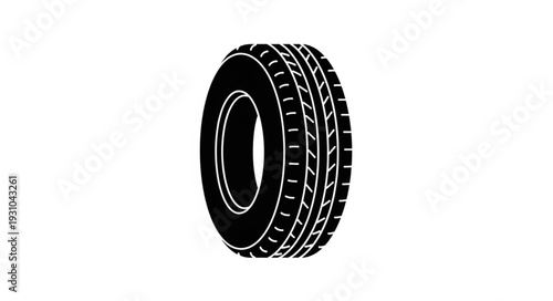 Black car tire with detailed tread pattern isolated on white.