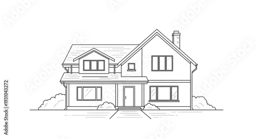 Sketch of a Modern Two Story Family House with Chimney.