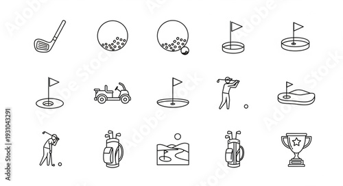 Collection of golf icons and symbols for sports and leisure.