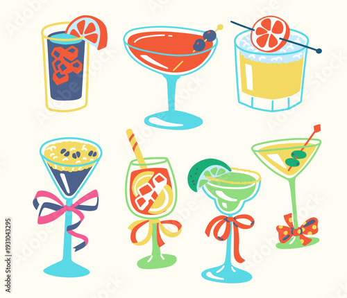Cocktail Glasses Set Hand Drawn