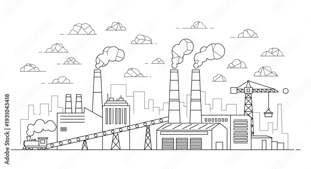 Fototapeta premium Industrial Factory with Smoke Stacks and Conveyor Belt.