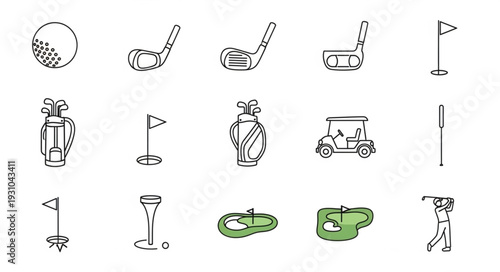Collection of Golf Icons and Symbols Hand Drawn Style.