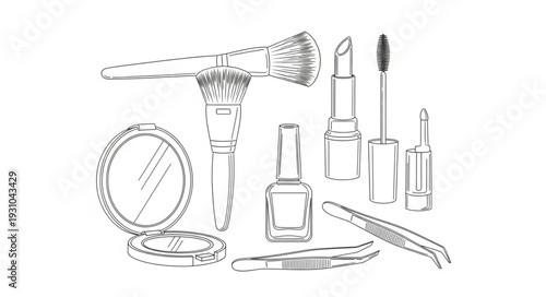 Collection of makeup products and tools for beauty application.