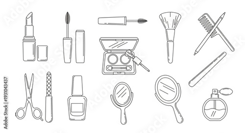 Collection of hand-drawn makeup and beauty products.