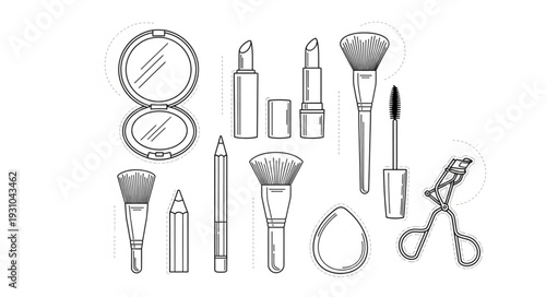 Collection of cosmetic beauty products and tools illustration.