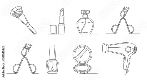 Collection of beauty and cosmetic items in line art style.