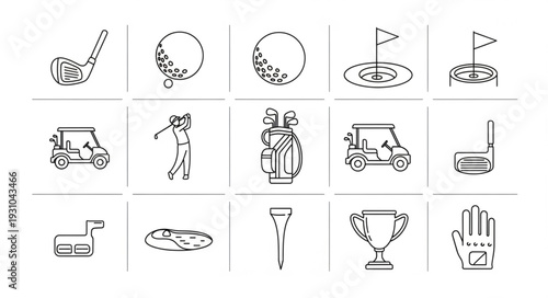Golfing equipment and accessories line art icons collection.