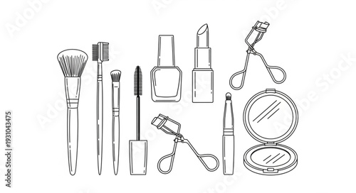 Collection of hand-drawn makeup and beauty products illustration.