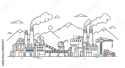 Industrial factory complex with smokestacks and mountains in background.