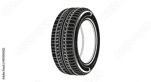 Black rubber car tire with detailed tread pattern.