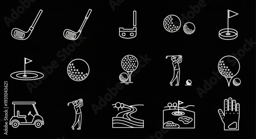 Golf icons set on black background vector illustration.