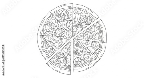 Whole Pepperoni Pizza Sliced into Six Pieces Outline Drawing.