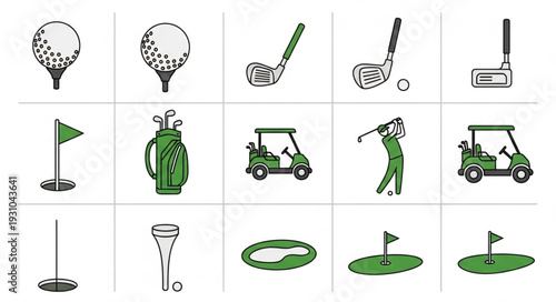 Collection of Golf Equipment and Accessories Icons.