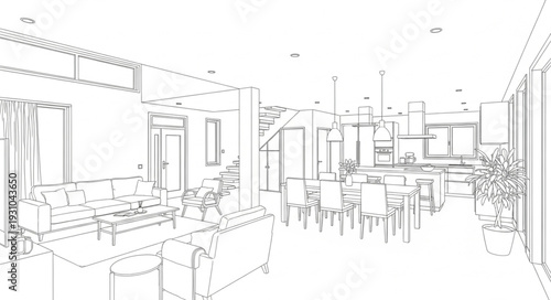 Modern interior design sketch of a spacious living room and dining area.