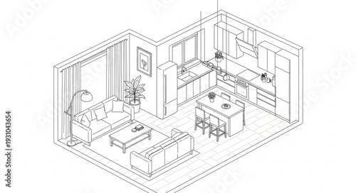 Interior Design Sketch of a Modern Living Room and Kitchen.