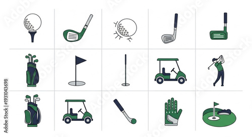 Collection of Golf Equipment and Icons for Sports.