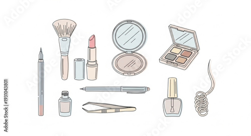 Collection of elegant makeup and beauty products arranged neatly.