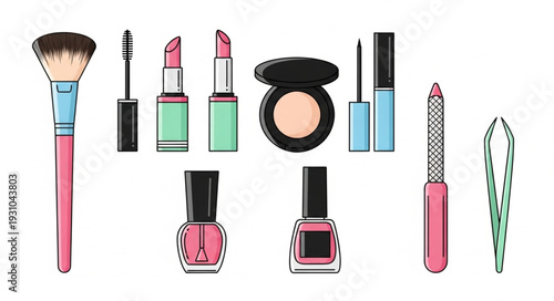 Collection of Makeup and Beauty Products Arranged Together.