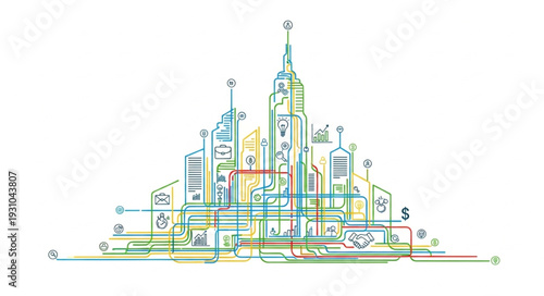 Abstract city skyline sketch with colorful lines and shapes.