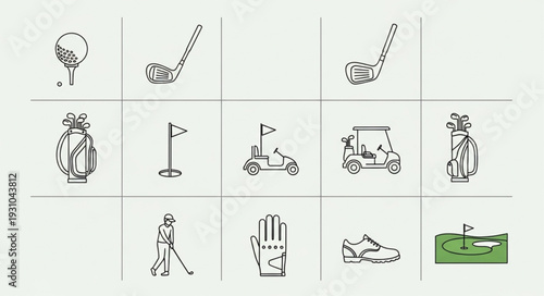 Golf Elements Collection Line Art Style.