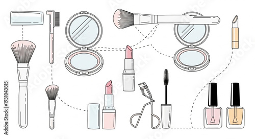 Collection of Makeup Products and Tools for Beauty Routine.
