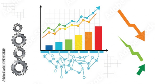 Financial Growth and Decline Charts with Gears and Network.