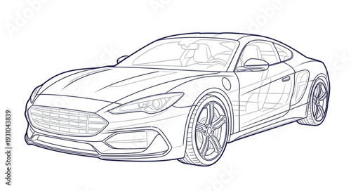 Sports car blueprint drawing outline illustration.