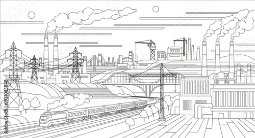 Industrial factory landscape with smoke stacks and buildings.