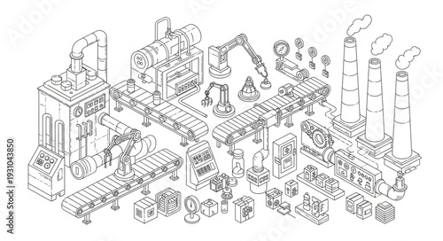 Automated Industrial Manufacturing Assembly Line Illustration.
