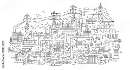 Detailed black and white sketch of a sprawling city.