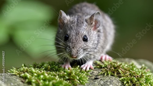 Close-up of a small mouse sniffing moss in a forest