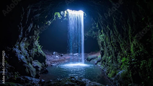 A hidden cave interior with a waterfall cascading into a still pool