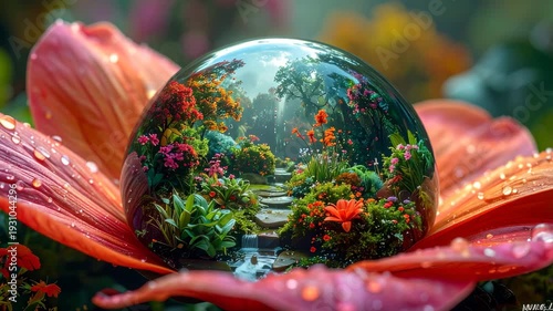 A glassy sphere reflecting a lush miniature garden rests on a petal
