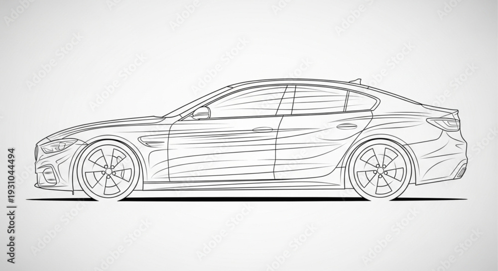 Fototapeta premium Modern Sedan Car Outline Drawing Side View.