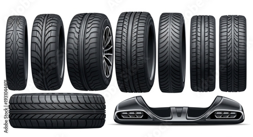 Collection of various car tires and a bumper.