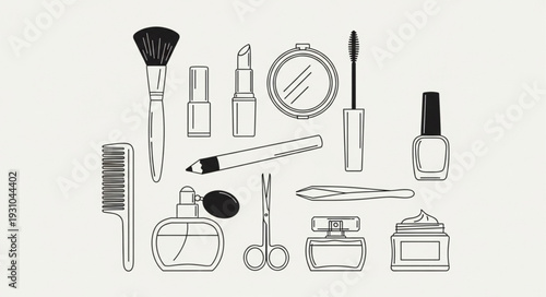 Collection of beauty and cosmetic products arranged neatly.